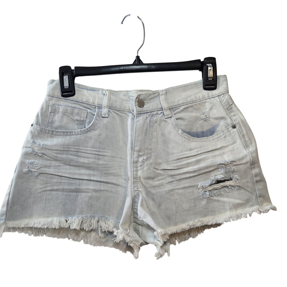 Women's Distressed Light Wash Denim‎ Shorts Size 2 Raw Hem Cutoff Mid Rise...